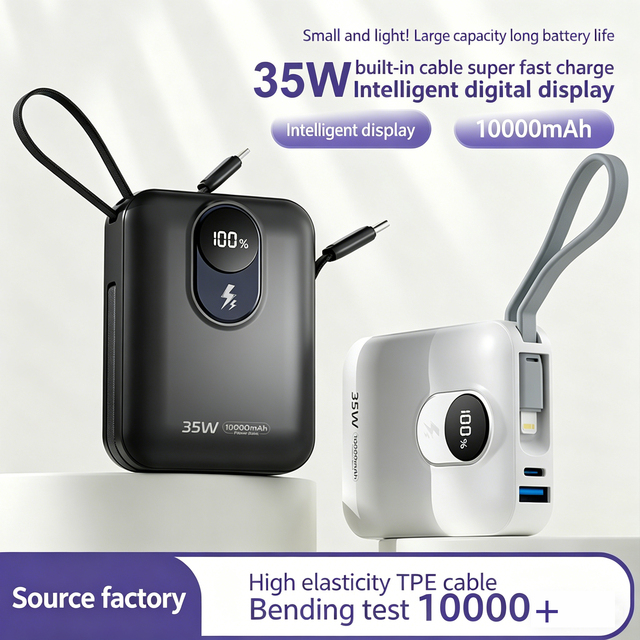 Hot Sale Portable 10000mAh Power Bank with 22.5W Super Fast Charging, 2 Built-in Cables, Lightweight and Slim Design