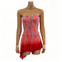 Robe de patinage artistique rouge sans bretelles et sans manches, en tissu maillé avec strass pour enfants et adultes, pour compétitions et spectacles sur glace