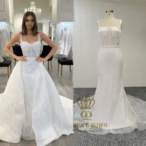 Queens vestido de casamento, vestido de sereia rabo de peixe quadrado frisado com rendas alças espaguete sem mangas luxo para noivas