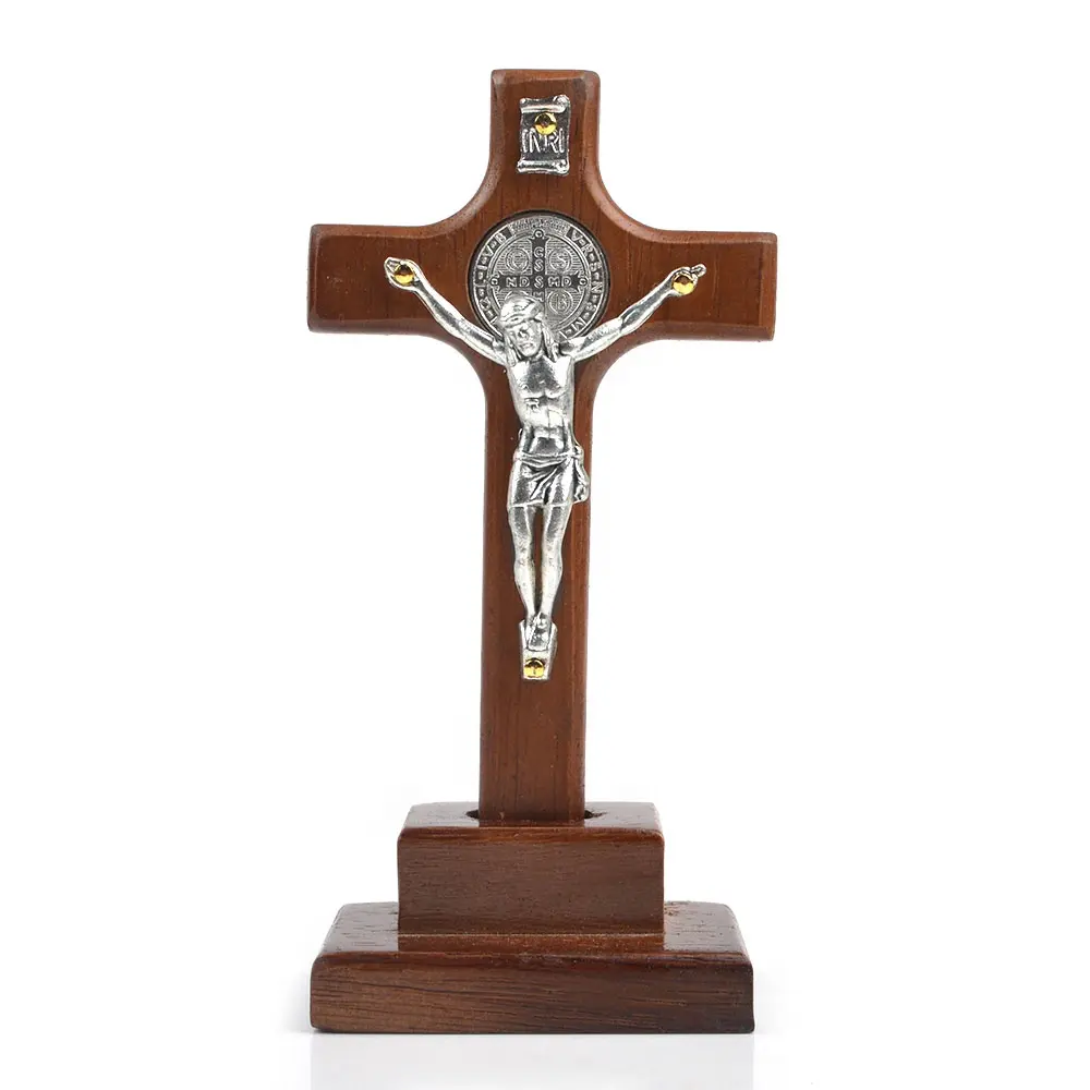 Estatua de cruz de madera de pie de San Benito, regalo religioso, mesa pequeña de 130mm