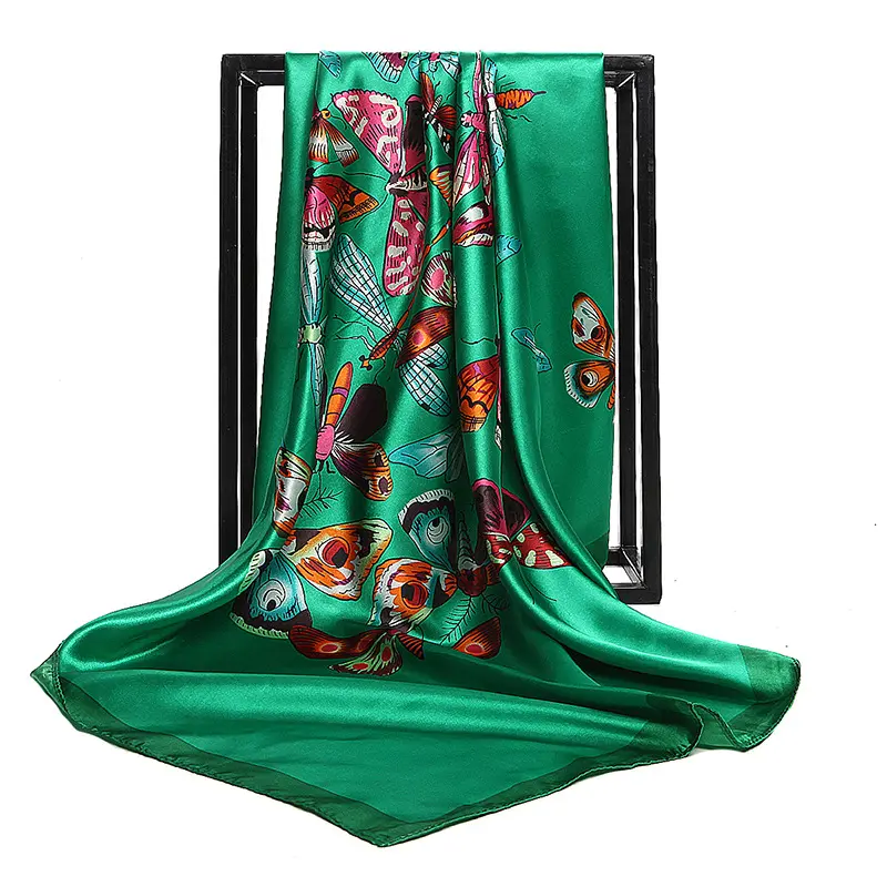 Neue Luxusmarke Seide Frau Schal Quadratischer Schal Blume Mit Schmetterlings druck Satin Schal & Wraps Hijab 90cm x 90cm