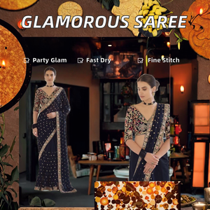 Sari indio de Bollywood, el más vendido, de georgette, elegante, negro, para invierno, estilo étnico, con blusa sexy y moderna, ideal para fiestas y Diwali. - Product Image 2