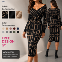 Robe pull midi moulante en maille noire à imprimé géométrique personnalisé, col en V, manches longues, taille nouée