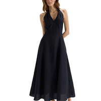 Robe longue décontractée en lin noir uni pour femme, col halter sans manches, avec fermeture éclair avant en V profond et coupe évasée, vente en gros