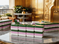 En stock: Juego de Mahjong de lujo de 160 fichas de acrílico grabado de 4 capas, verde esmeralda, con diseño de puesta de sol americana, de 1.26*0.95*0.63 pulgadas, para venta al por mayor.