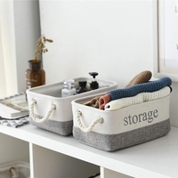 Panier de rangement pliable en tissu de coton et de lin, créatif, blanc et gris, pour vêtements, avec corde en coton