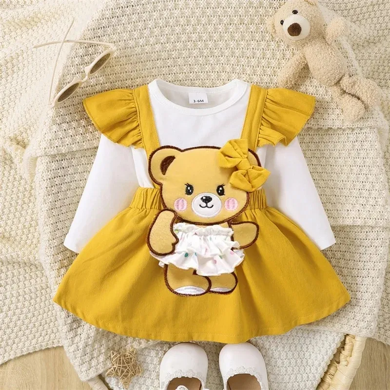 2024 Infant Girl Fall A-Linie Kleid Bär Stickerei Patchwork Langarm Rundhals ausschnitt Rüschen Süße Baby Kleidung Sets