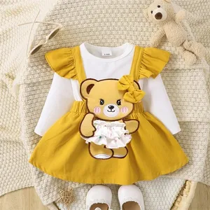 2024 infantile fille automne a-ligne robe ours broderie Patchwork à manches longues col rond à volants mignon bébé vêtements ensembles