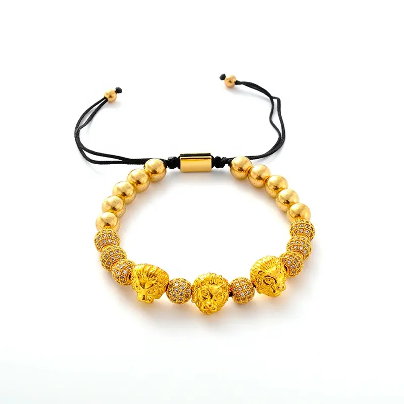 F184 Luxury Beaded Lion Mens Gold Bead Bracelet Mens Fashion Jewelry 2020 Crown Bracelet Men