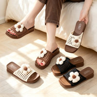 Sandales compensées d'été en maille tricotée à bout ouvert, motif floral, faites à la main, décorées de fleurs, décontractées, pour l'extérieur et la plage, vente en gros