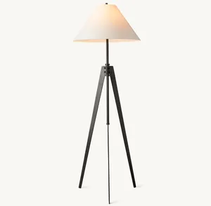 Modern Floor Stand Lamp Home Decoration Black Painted Stand Light Natural Linen Fabric Tripod Floor Lamp