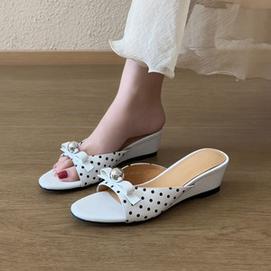 2026 French Style Polka Dot Bow <b>Wedge</b> Slippers for Women Summer Open Toe <b>Platform</b> Slide <b>Sandals</b> for Outdoor Wear - Product Image 1