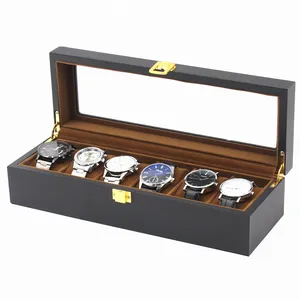 صندوق ساعات يد خشبي فاخر من 6 فتحات بتصميم جديد, صندوق ساعات يد خشبي فاخر باللون الأسود مناسب لتعبئة ساعات السفر