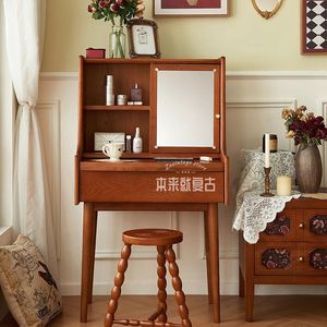 French Style Vintage Solid Wood Dressing <b>Table</b> With Mirror Storage Bedroom Makeup <b>Vanity</b> Desk Combined - Product Image 3