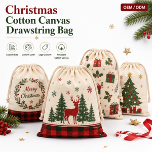 Sac en toile à cordon de serrage en <span class=keywords><strong>coton</strong></span>, motif écossais et rennes, taille personnalisée OEM/ODM, pour emballage cadeau de Noël et souvenirs de fêtes - Product Image 3