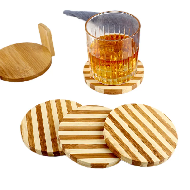 Dessous de verre en bambou au design unique Tapis de tasse rond en bois avec bandes bicolores Dessous de verre en bois dans la maison et la cuisine