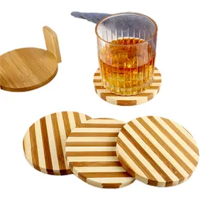 Posavasos de bambú de nuevo diseño único, posavasos redondo de madera con tiras de dos colores, posavasos de madera para beber en el hogar y la cocina