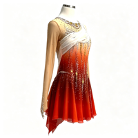 Robe de patinage artistique dégradé rouge-orange, maille nude, manches longues, strass, dos en V profond, costume de danse sur glace pour femmes et filles