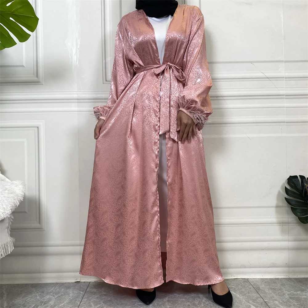 1950# New Design Satin Pretty Pattern Print With Feather Simplicity Elegant Cardigan Muslim Abaya - CHAOMENG MUSLIM SHOP