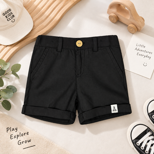 Pantalones cortos de algodón de color negro para niños, cintura alta, cierre con botones, bolsillos laterales, pantalones de verano para ocio, 1Y-14Y - Product Image 1