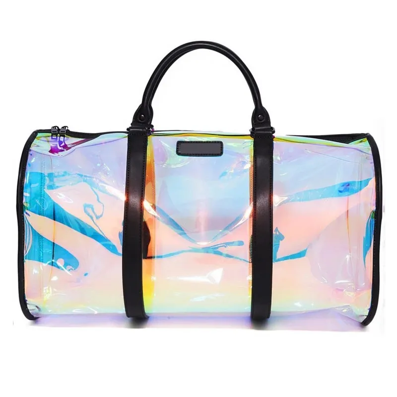 Eco Custom Logo Holographic Iridescent Laser Training Handbag Transparent Clear Waterproof Pvc Travel Sport Gym Duffel Bag