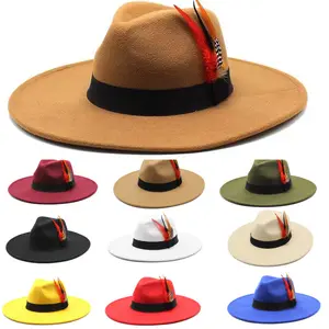 หมวกสักหลาดปีกกว้างผ้าซอมเบรโร่สำหรับผู้หญิงหมวกฟีโดร่าสำหรับกลางแจ้งคลาสสิก