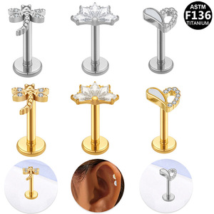 Boucles d'oreilles clous Cœur Libellule en Titane G23, Bijoux de Lèvre à Filetage Interne, Bijoux de Piercing Unisexe Tendance, Titane ASTM F136 - Product Image 1