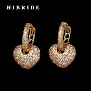 Pendientes de aro de corazón HIBRIDE, Micro circón pavimentado, color dorado, joyería de moda para mujer, regalos nupciales Brincos - Product Image 1