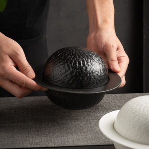 Bol en céramique écologique noir <span class=keywords><strong>mat</strong></span> et blanc, motif pierre, design planète, 400 ml, avec couvercle pour soupes, œufs à la vapeur, desserts et cuisine moléculaire - Product Image 2