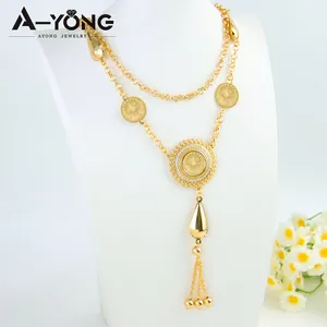 Wholesale Custom Ladies Luxury 18K Gold Arabic Coin Pendant Brass Women Jewelry Long Necklace With Tassel