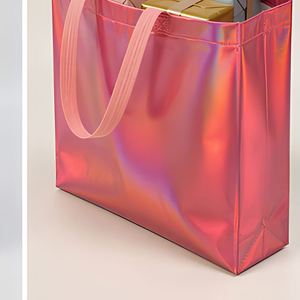 Custom Holographic Nonwoven Tote <b>Bag</b> Laser Laminated Reusable Shopping Gift Carry <b>Bag</b> Pink Handles - Product Image 5
