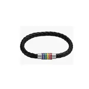 Titanium Stainless Steel Rainbow Pride Bracelet Handmade Braided LGBTQ Pride Bracelets PU Leather Weave Plaited Wristband