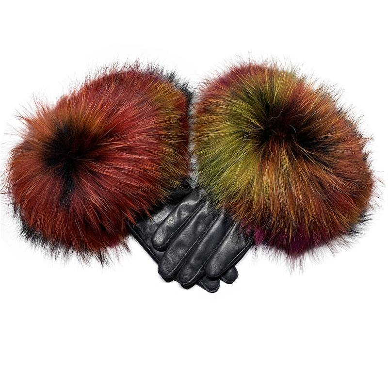 Оптом натуральный мех енота для взрослых овчина модный дизайн кожаные варежки с пятью пальцами отделка мехом лисы меховые перчатки