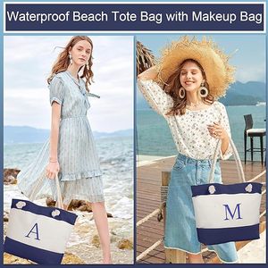 Bolsa de Playa de Lona Personalizada con Iniciales y Logotipo, Regalos de Cumpleaños, Bolsa de Mano con Bolsa de Maquillaje - Product Image 2