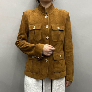 Jancoco Nouvelle Mode Automne Blazer en Suédine à Quatre Poches pour Femme, Veste en Suédine à Col Montant et Boutons Dorés Personnalisés - Product Image 1
