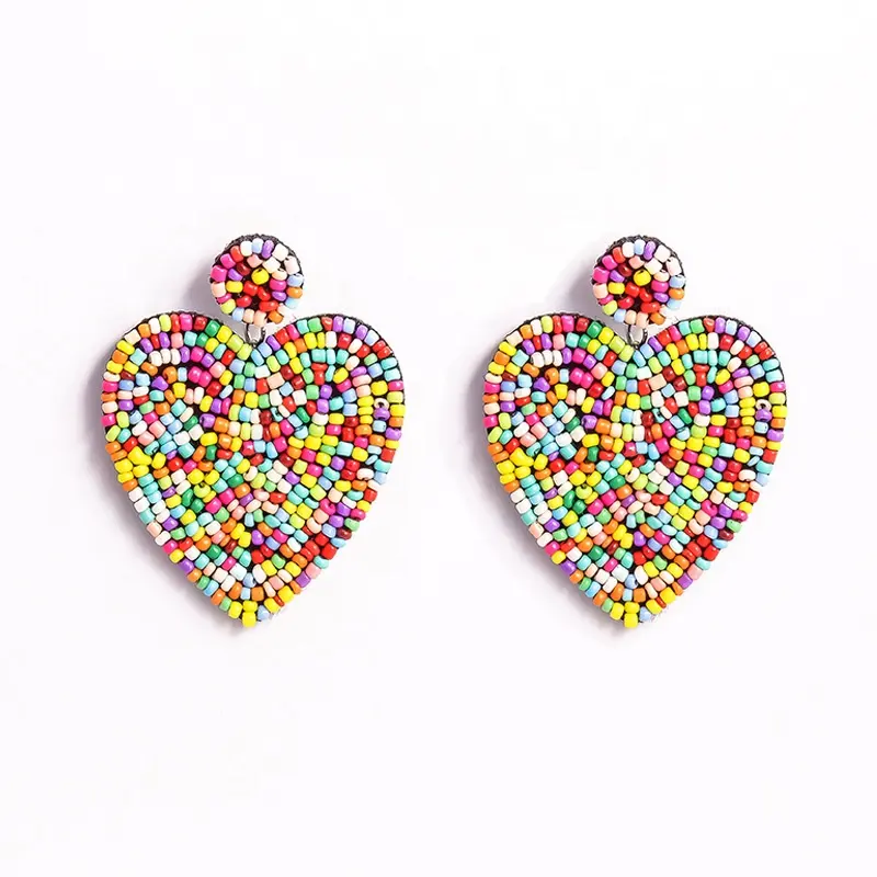 Handmade Boho Style Colorful Big Heart Shape Seed Bead Earrings for Women Fashion Accessories from India.