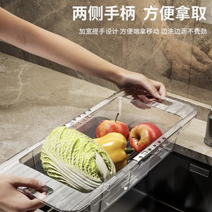 Extendable <b>Drain</b> Basket For Kitchen Sink Vegetable Washing Dish <b>Rack</b> With Storage Tray Transparent Emerald Green Square Shape - Product Image 2