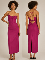 Vestido Midi con Tirantes Finos, Escote Fruncido y Cordón Frontal, Color Fucsia, Nueva Colección Verano 2026, Oferta Especial, Envío desde EE. UU. y Australia