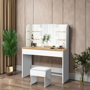 Miroir sur pied avec lampe intégrée, coiffeuse moderne, coiffeuse de chambre à panneaux en bois avec ensemble chaise - Product Image 1