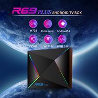 Boîtier TV Premium R69 PLUS 2026 Android 14.0 H728 4GB32GB Décodeur 8K Smart Android Box avec télécommande vocale BT Double Wi-Fi 2.4G&5GHZ R69