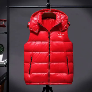 Gilet con cappuccio da uomo personalizzato inverno da esterno senza maniche lucido in pelle PU - Product Image 5