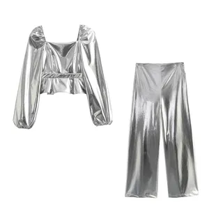 Silber Metall Farbe quadratischen Kragen stilvolles Design Damen High Fashion zweiteilige Hose Set lässige Top-Anzüge