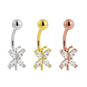 Custom Fashion Inlay Zircon Crystal Butterfly Body Piercing Jewelry Navel ASTM F136 Titanium Women Belly Button Ring