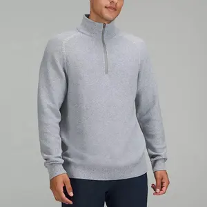 Texture machine winter warm men's vintage cotton blend cashmere zipper collar knitted crewneck sweater with half zipper