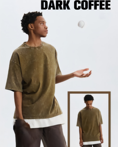 Camiseta de algodón teñida lisa de gran tamaño, manga corta, cuello redondo, color sólido, camiseta de punto transpirable para hombre, ajuste casual. - Product Image 1