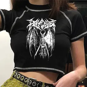 Women's T-shirt Y2K crop Top Harajuku Retro Korean Black Demon Punk Gothic Anime Graphic Print Clothes Slim anime