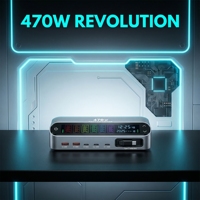 Stasiun Pengisian Daya Desktop GaN 470W 5-Port Pengisi Daya Cepat Multi-Perangkat dengan Port PD 140W & Layar Berwarna untuk Laptop dan Ponsel