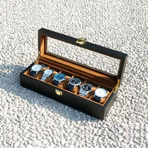 Boîte de rangement de montre de luxe, Logo personnalisé en bois noir, 6 emplacements, emballage avec serrure en métal