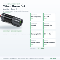 Module laser vert 532nm Classe 2 pour équipement extérieur et accessoires d'éclairage de camping CE RoHS OEM ODM Vente en gros