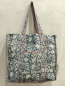 Handmade Cotton Block Print Tote <b>Bag</b> | Quilted Kantha Travel Shoulder <b>Bag</b> for Women with Boho <b>Indian</b> Textile Design - Product Image 2